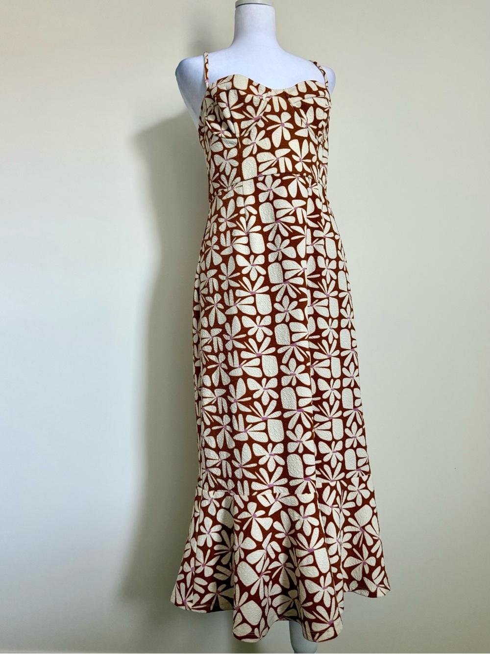 Anthropologie Hutch Brown & Cream Floral-Print Spaghetti Strap Midi Dress medium